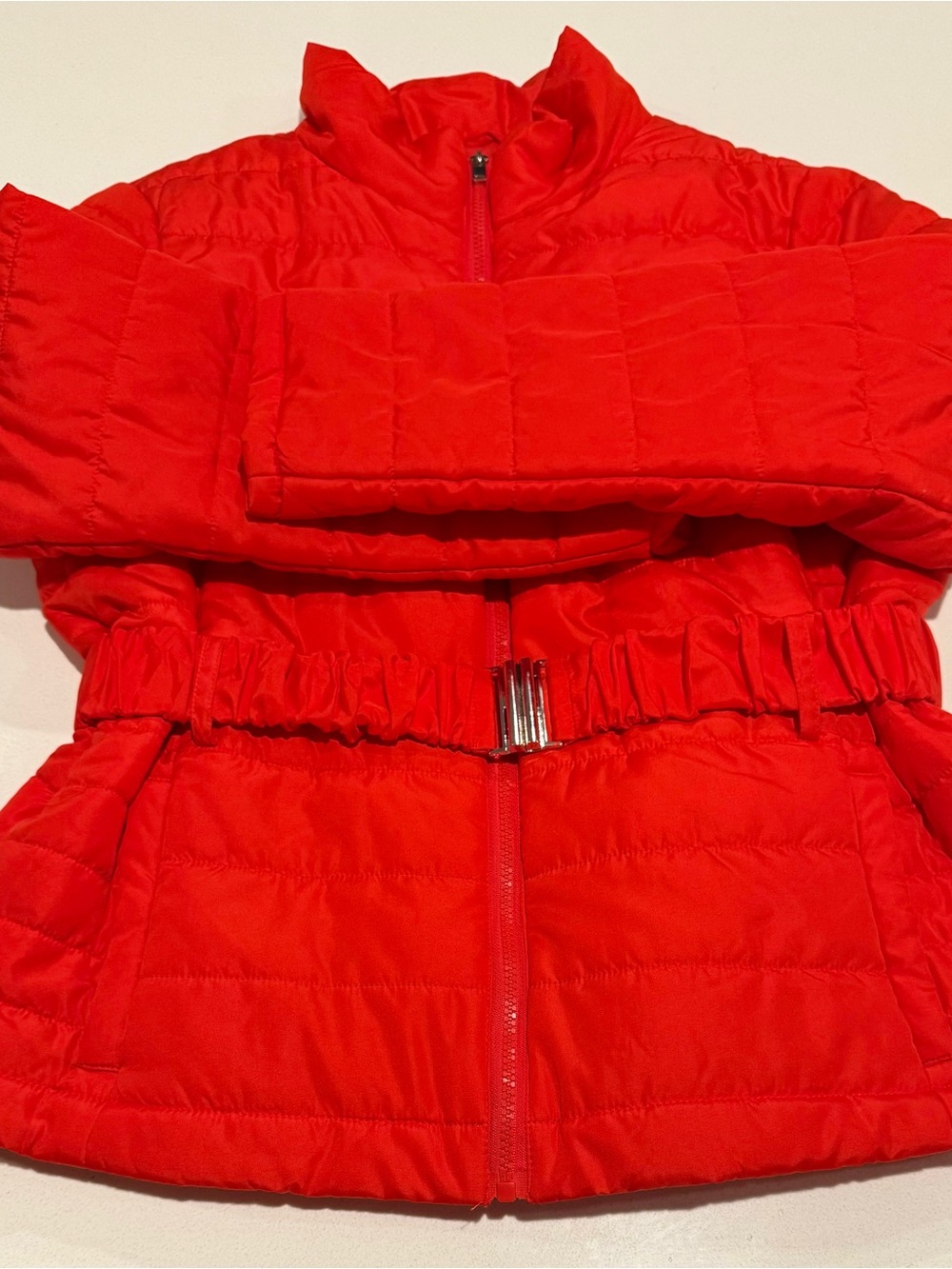 New York & Company Bright Red Quilted Puffer with Belt
